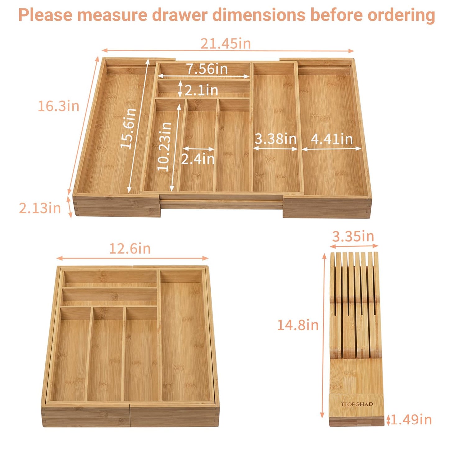 TIOPGHAD Bamboo-Silverware-Drawer-Organizer-Kitchen, Expandable Utensil Holder Cutlery Tray Flatware Organization Adjustable Wood Tableware Dividers Storage (with Removable Knife Block)(Natural)