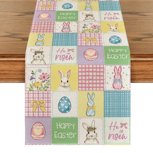 Artoid Mode Plaid Bunny Rabbit Eggs 210 GSM Happy Easter Table Runner, Seasonal Spring Kitchen Dining Table Decoration for Home Party Decor 13x72 Inch