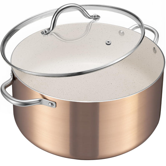 BEZIA Large 10 Quart Nonstick Cooking Pot with Lid, Induction Stock Pot, Soup Pot for All Stovetops, Non-toxic and Oven Safe, PFOA PFAS Free, Golden