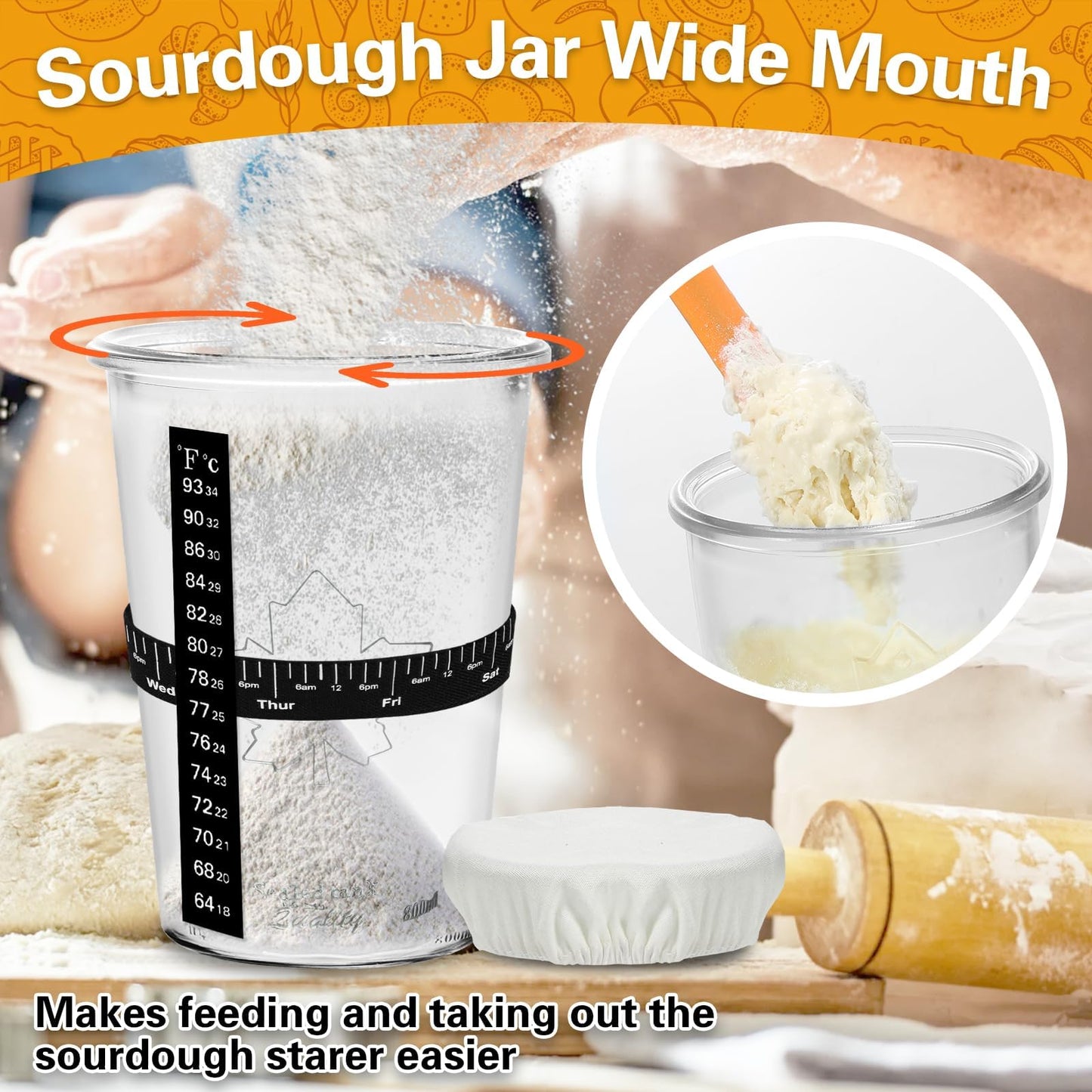 POLYHNIA Sourdough Starter Jar, Sourdough Jar Wide Mouth, Sourdough Starter Kit, Sourdough Starter Jars Glass Easy Fermentation, Reusable 27 oz Sourdough Bread Baking Supplies for Bakery Lover
