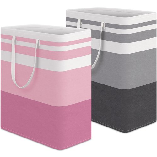 HomeHacks 2 Pack Large Laundry Baskets, Waterproof, Freestanding Laundry Hampers, Collapsible Clothes Hamper with Reinforced Handles in Laundry, College Dorm, Bathroom, Bedroom (Grey+Pink, 125Lx2)