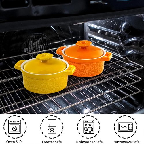 Hacaroa Mini Cocotte Set - 8 Oz Ceramic Ramekins with Lids & Handles | Individual Baking Dishes in 6 Colors