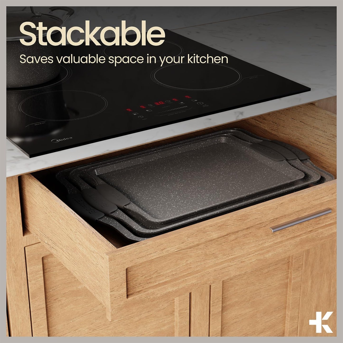 BAKKEN 8-Piece Nonstick Baking Pans Set - Professional Gray Marble Bakeware with Silicone Handles | Oven & Dishwasher Safe