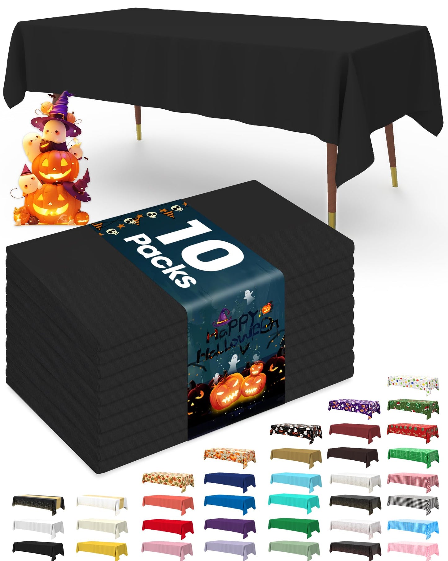 Pureegg Plastic Table Cloth Disposable 10 Pack, 54 x 132 Inch Table Cloths, Halloween Party Decorations, Summerween Decor, Halloween Tablecloths, Rectangle, Plastic Cover, Leakproof & Sturdy, Black