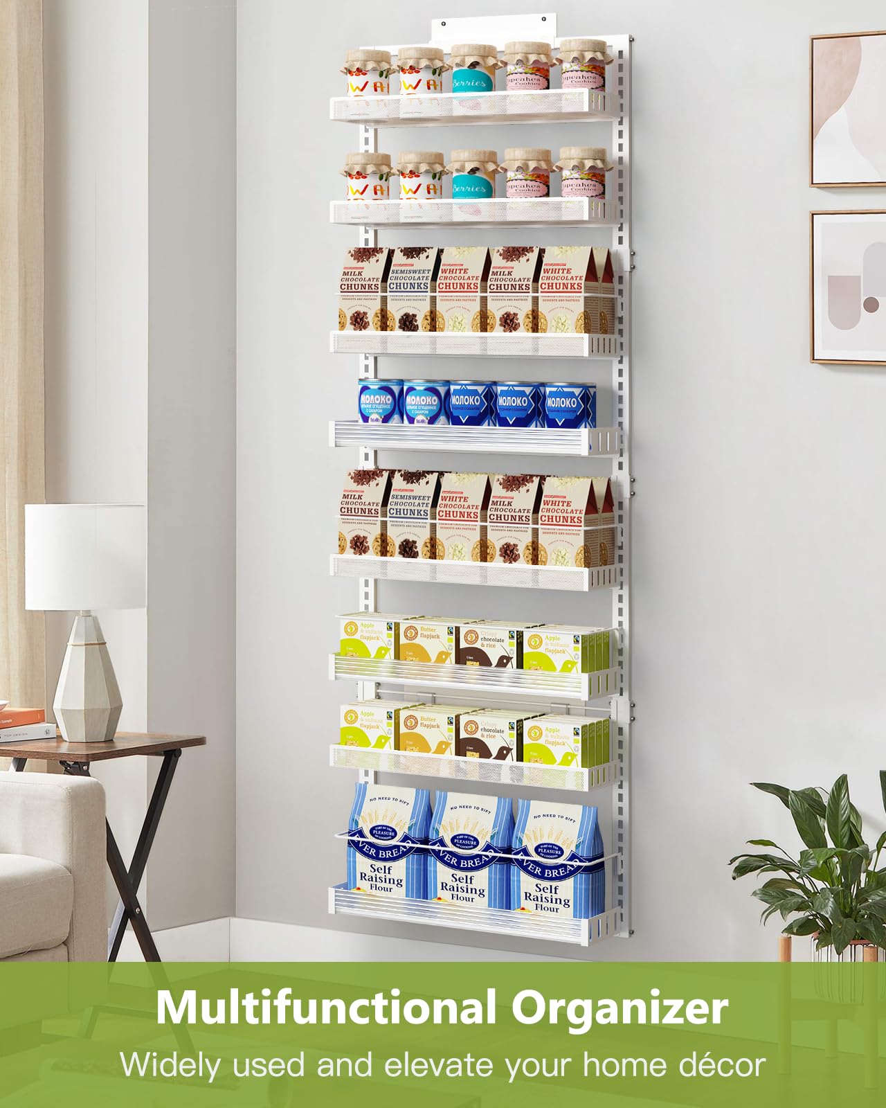 POKIPO Over the Door Pantry Organizer, 8-Tier Large Wall Mounted Storage Spice Rack, 2 in 1 Heavy-Duty Metal Adjustable Hanging Baskets for Pantry, Bathroom, Kitchen, White