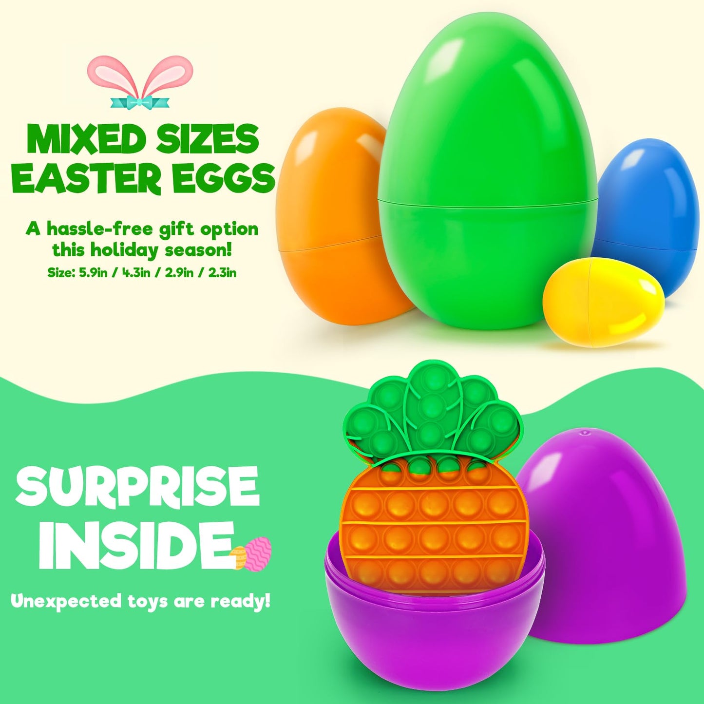 Jyusmile 36 Pack Prefilled Easter Eggs with Toys, Bulk Mix 4 Sizes Plastic Easter Eggs with Assorted Toys Inside, Surprise Eggs for Easter Hunt, Easter Basket Stuffers, Party Favors for Kids