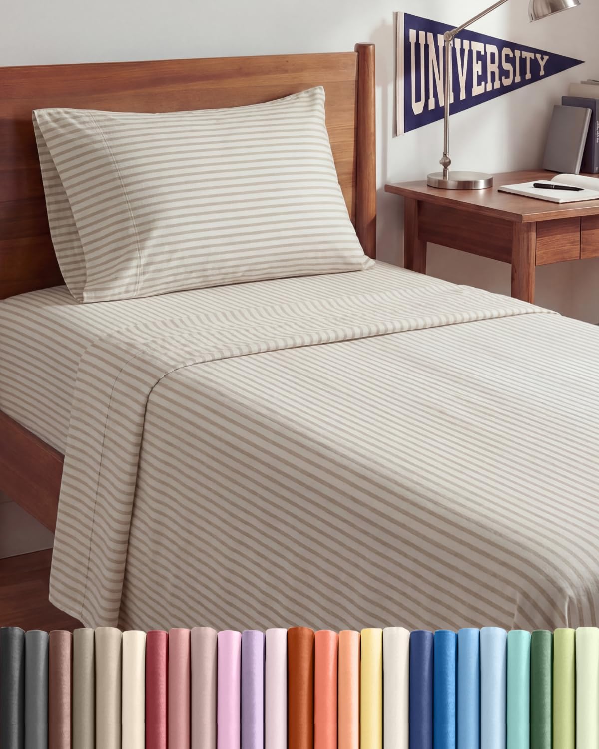 Skiennix Twin XL Sheet Set - Comfy Cooling 3-Piece Bedding - Deep Pocket, Wrinkle-Free, Beige Stripes