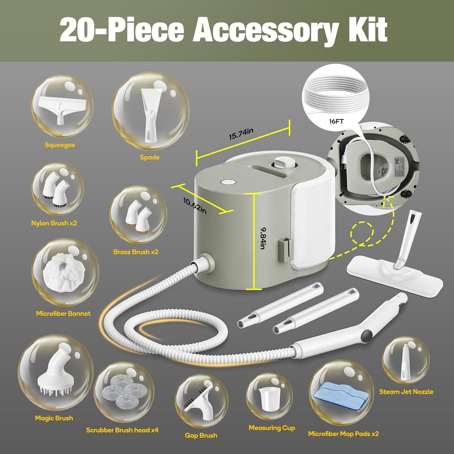 Newbealer Heavy-Duty Steam Cleaner - Multi-Purpose Steamer with 20 Accessories, 5 Bar Pressure, Stainless Steel Boiler