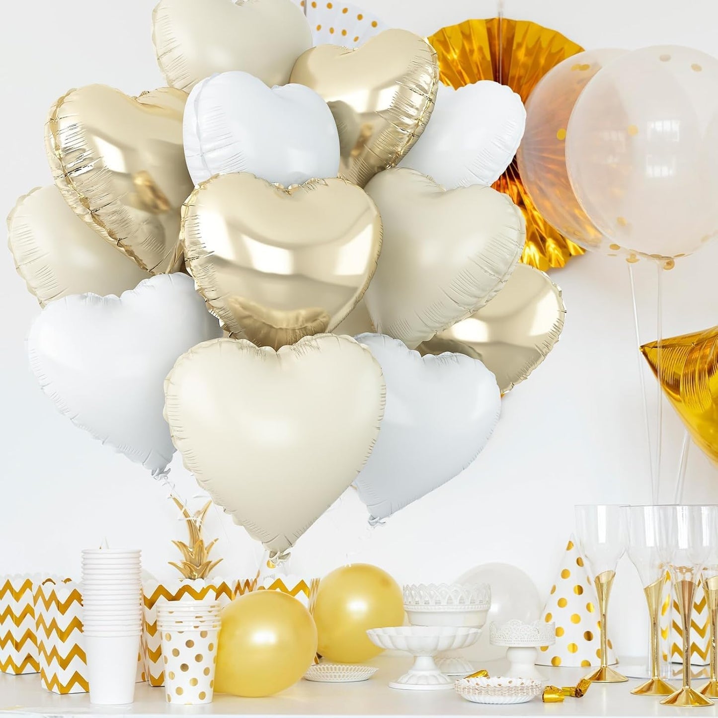Skiennix Heart Balloons - 12 Pcs Cream White & Gold Foil Balloons | 18-Inch Beige Helium Decor for Baby Showers & Weddings