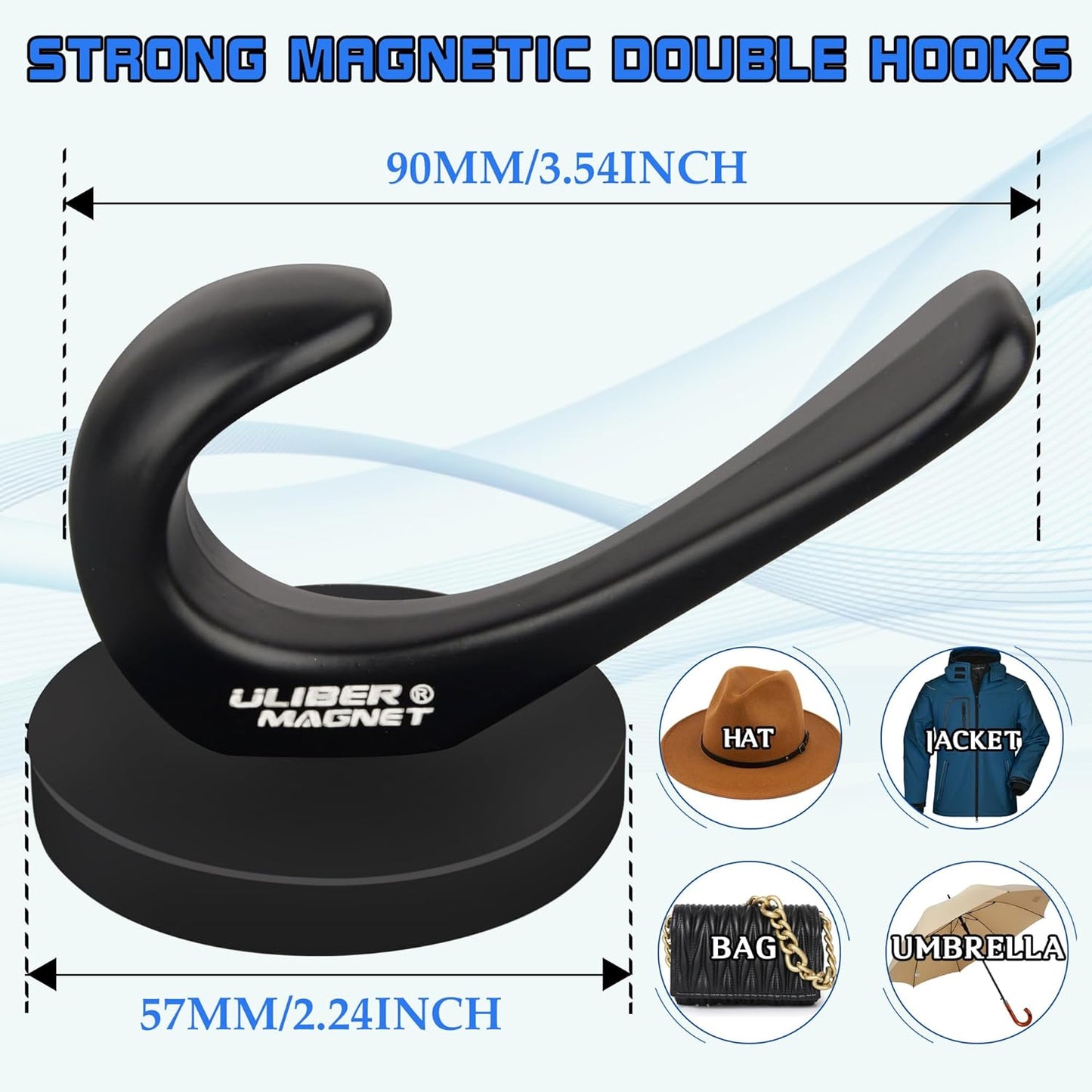 ULIBERMAGNET Heavy-Duty Magnetic Coat Hooks - 2 Pack Rubber Magnet Double Hooks for Coats, Towels & Keys (Black)