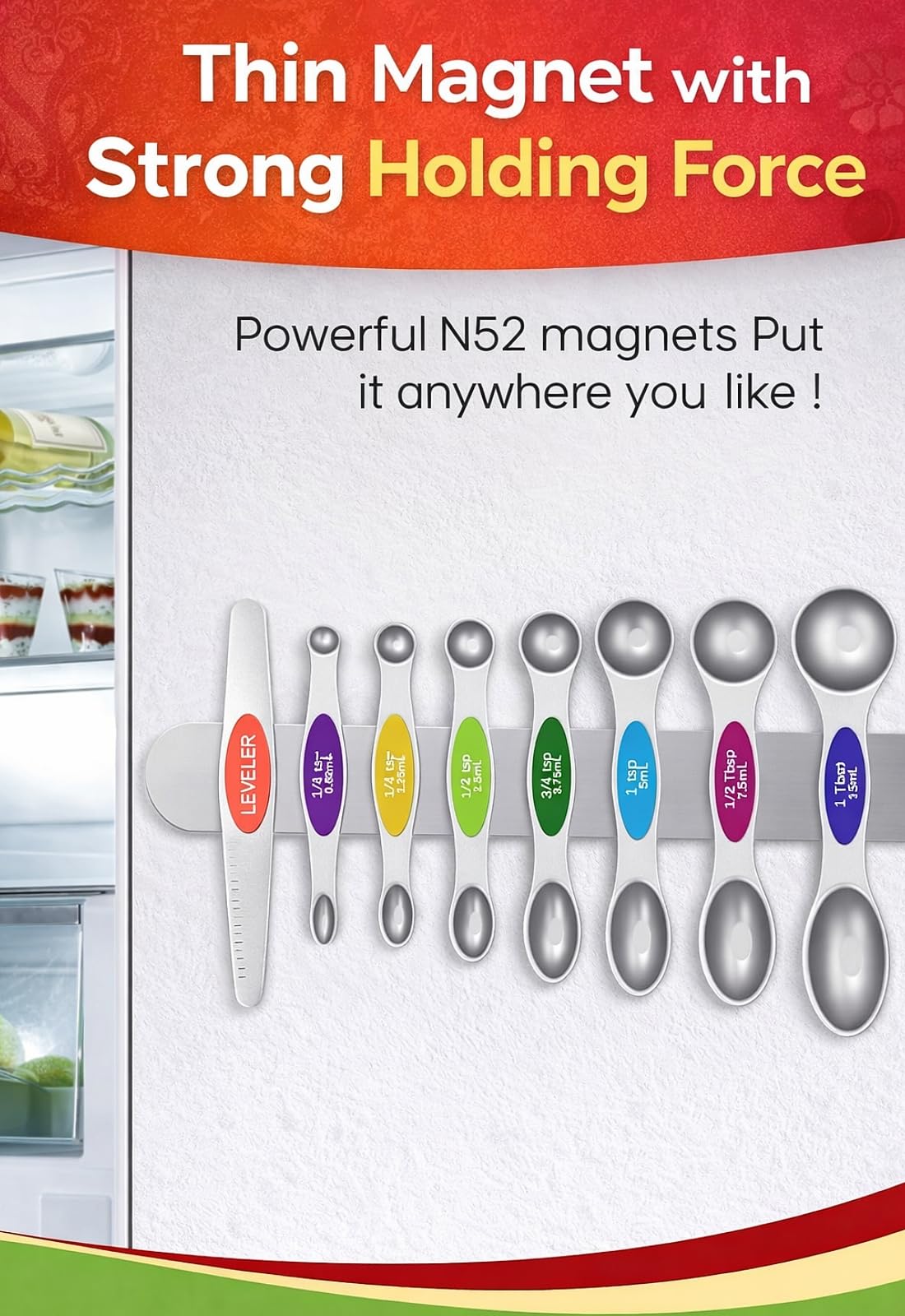 Premium Magnetic Measuring Spoons Set|Strong N52 Magnets|Heavy Duty Stainless Steel|Dual-Sided for Spice Jar & Liquid Measuring|Dishwasher Safe|7 Spoons with Leveler for Baking & Cooking (Colorful)