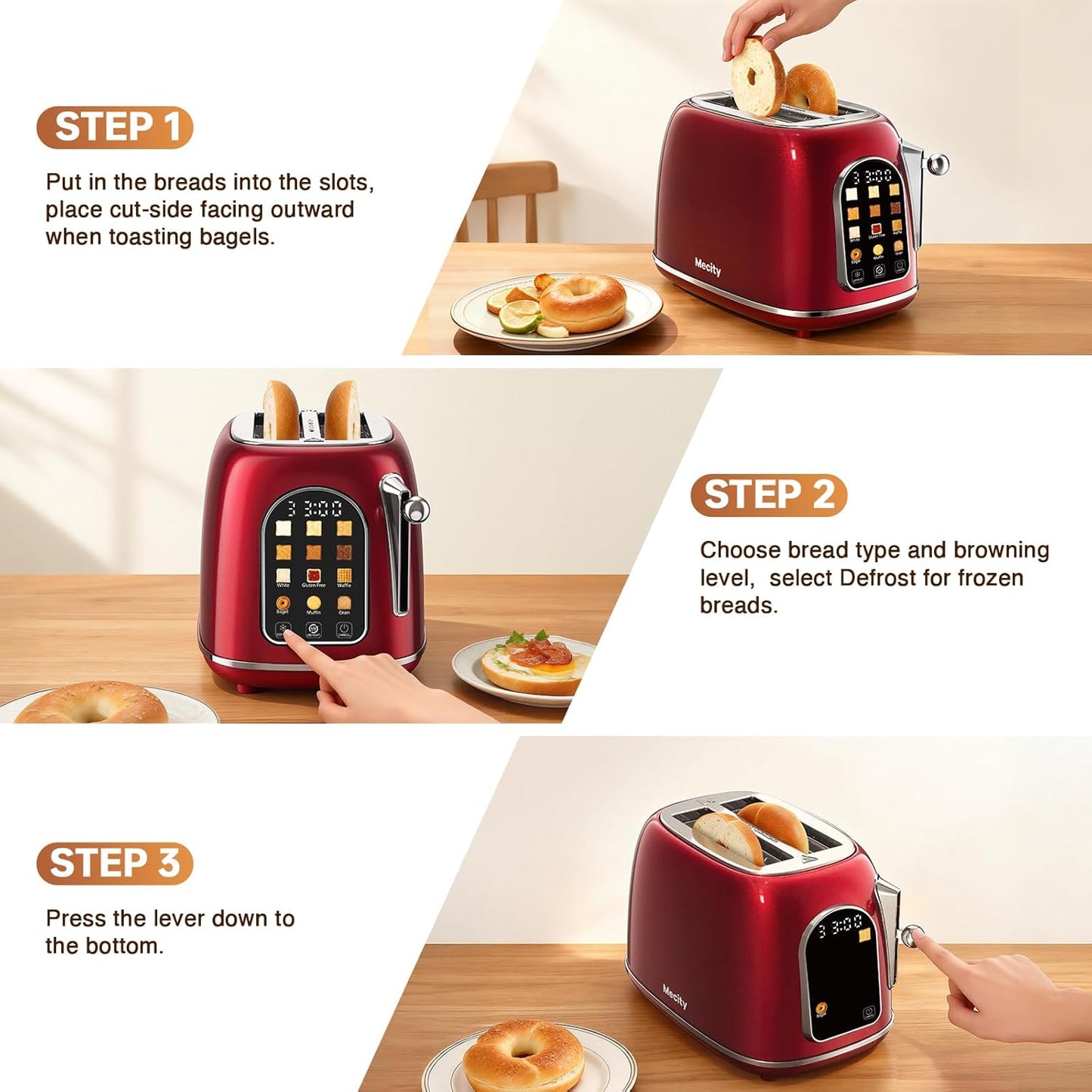 Mecity Toaster - 2 Slice Retro Touch Screen Toaster for Bread, Bagels & Muffins | Red Pearl, 120V 825W