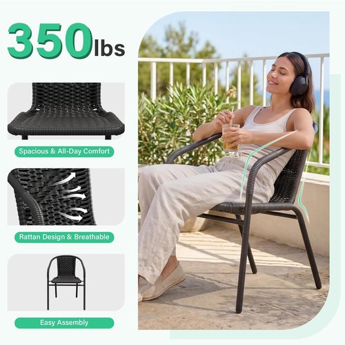 JEAREY Outdoor Rattan Dining Chairs - Set of 4 All-Weather Stackable Chairs for Lawn & Garden | Black
