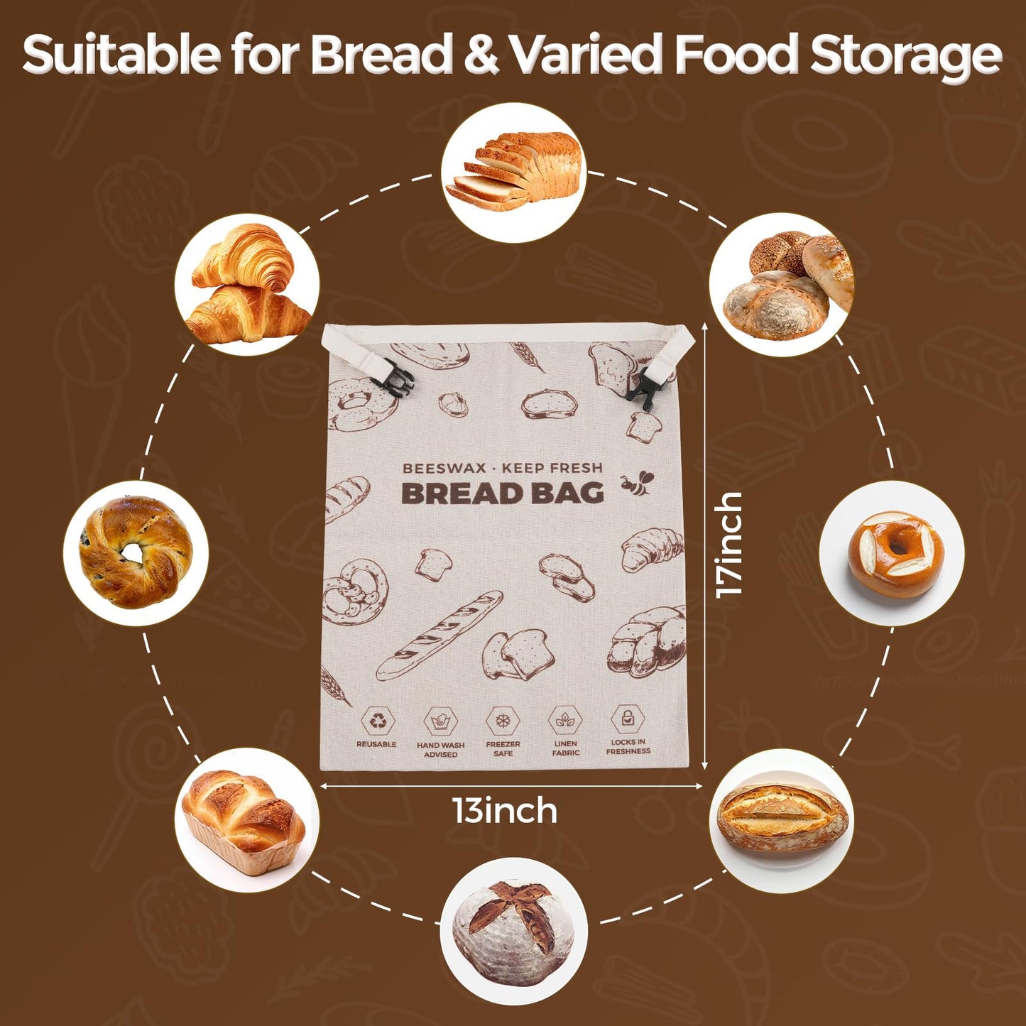 YARRAMATE Beeswax Bread Bags for Homemade Sourdough, Zipper Reusable Linen Food Storage Bags to Keep Loaf Fresh, Large Freezer Safe and Eco Friendly Bread Containers (Brown, 17x13", 2 Pack)