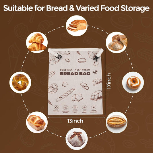YARRAMATE Beeswax Bread Bags for Homemade Sourdough, Zipper Reusable Linen Food Storage Bags to Keep Loaf Fresh, Large Freezer Safe and Eco Friendly Bread Containers (Brown, 17x13", 2 Pack)