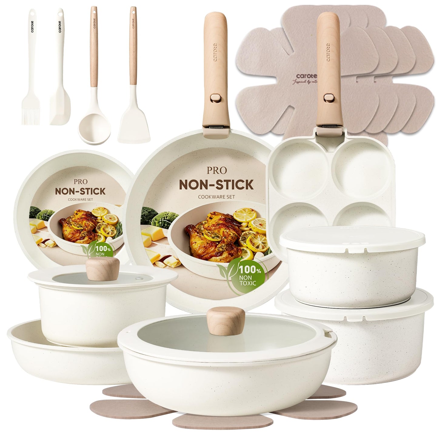 CAROTE Pots and Pans Set Non Stick, Cookware Sets, Kitchen Set, Oven/Dishwasher/Fridge Safe, Space Saving Pots Set, Nonstick Set with Versatile Detachable Handle, Induction RV Set, Cream