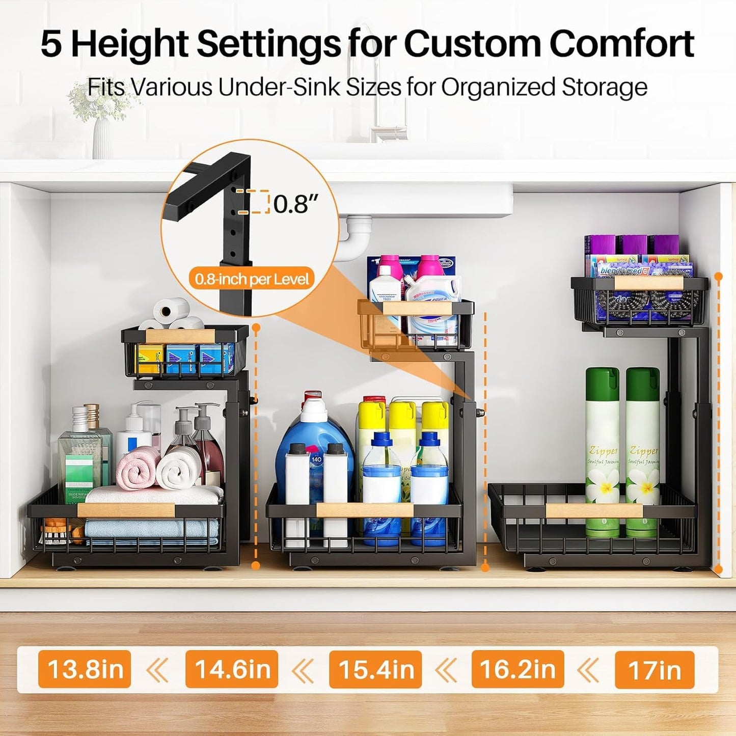 PXRACK Under Sink Organizer - Adjustable 2-Tier Pull-Out Storage for Kitchen & Bathroom | Large Black 2-Pack