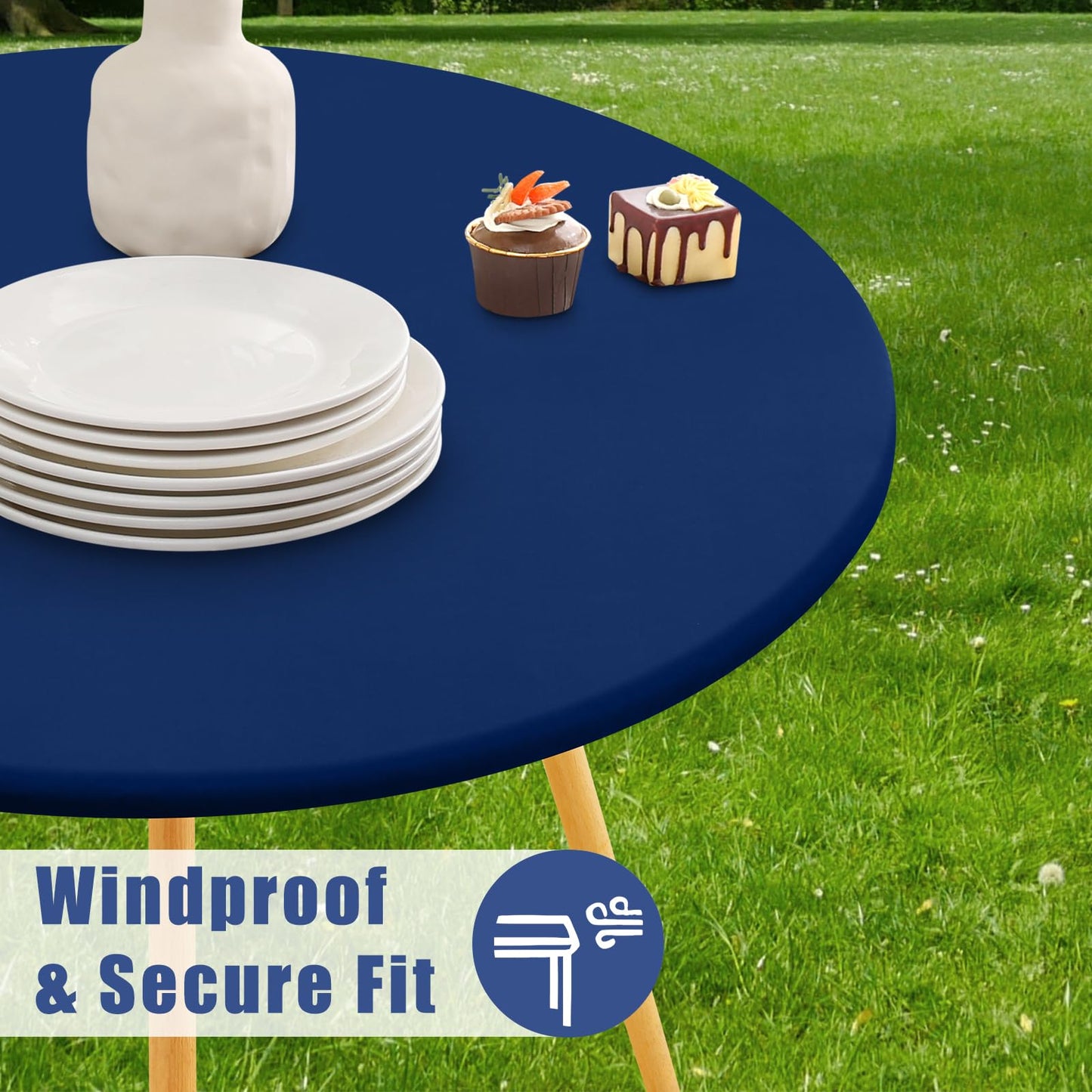 Moosfor Round Spandex Tablecloth, Elastic Fitted Waterproof Tablecloths for 31"-35" Tables, Stretch Washable Picnic Table Cover for Camping, Dining, Indoor and Outdoor, Navy