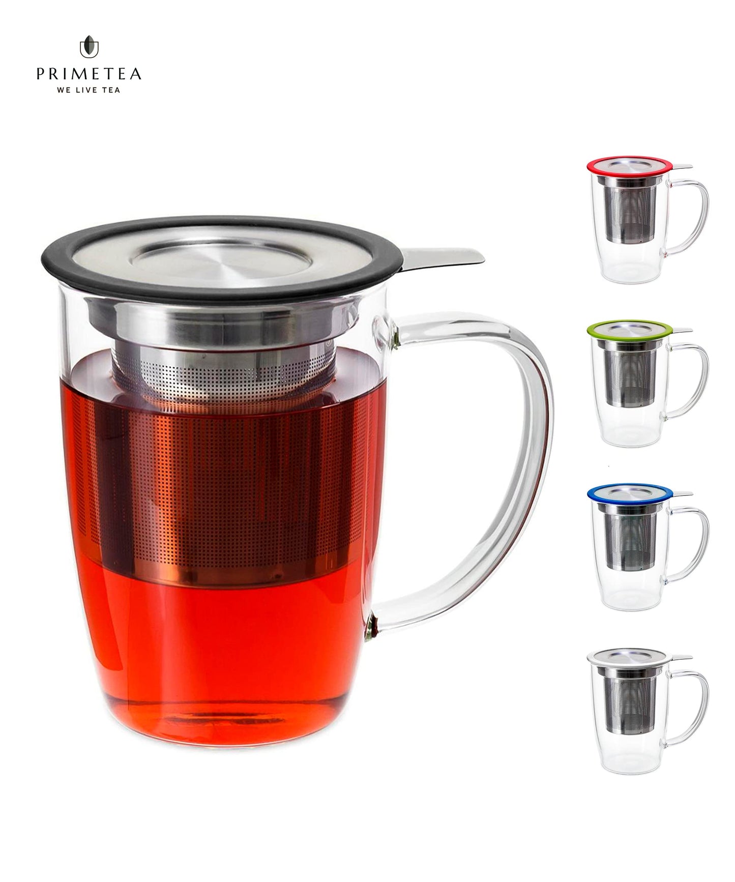 Prime Tea - Glass Teacup with Tea Infuser, 16oz / 470 ml, Hand Blown, Single Wall, Heat Resistance Borosilicate Glass Teamaker Cup for Blooming & Loose Leaf Tea, Microwave & Dishwasher Safe (Black)