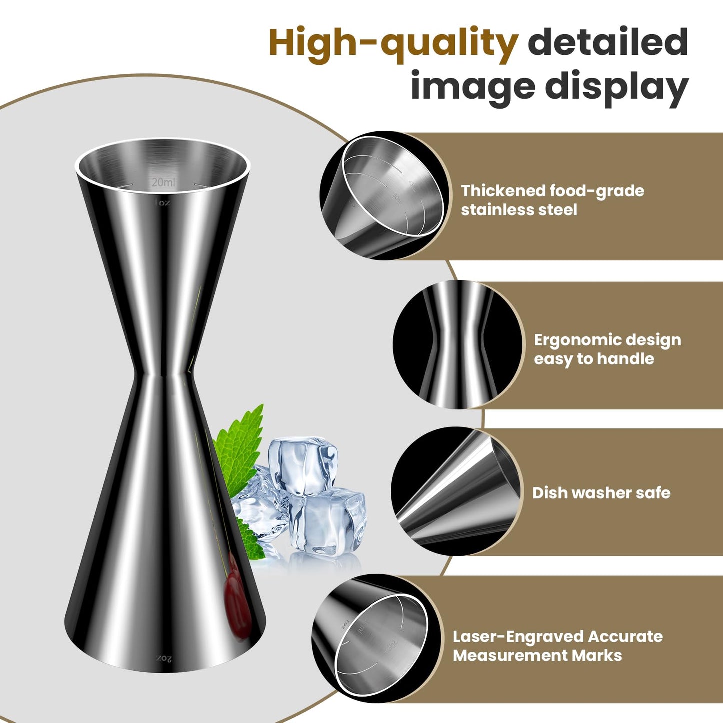 Professional Bartender Jigger, Thickened 18/8 Stainless Steel Japanese Style Double Jigger with Laser Etched Measurements, No Curled Lip Design,for Home & Bar Use (1oz/2oz, 10ml/20ml/30ml/45ml)