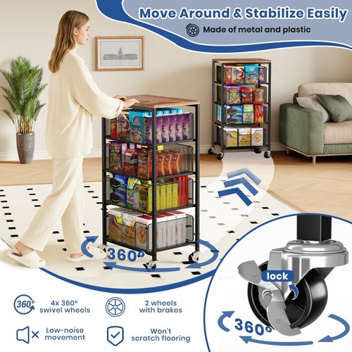 Goovilla Kitchen Cart - 4-Tier Metal Rolling Utility Organizer with Lockable Wheels & Wooden Top - Black