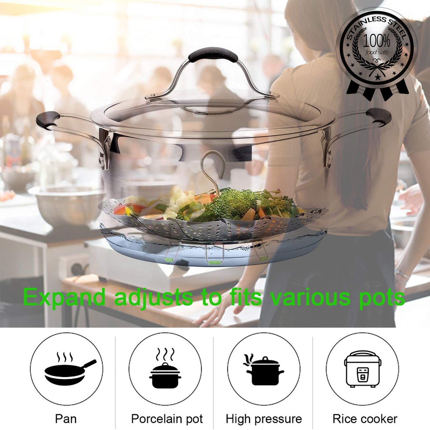 Steamer Basket Stainless Steel Vegetable Basket Metal Handle Folding Silicone Feet Steamer Insert for Cooking Veggies Fish Seafood Include Safety Tool,Fit Various Pot Pressure Cooker (5.1" to 9.5")