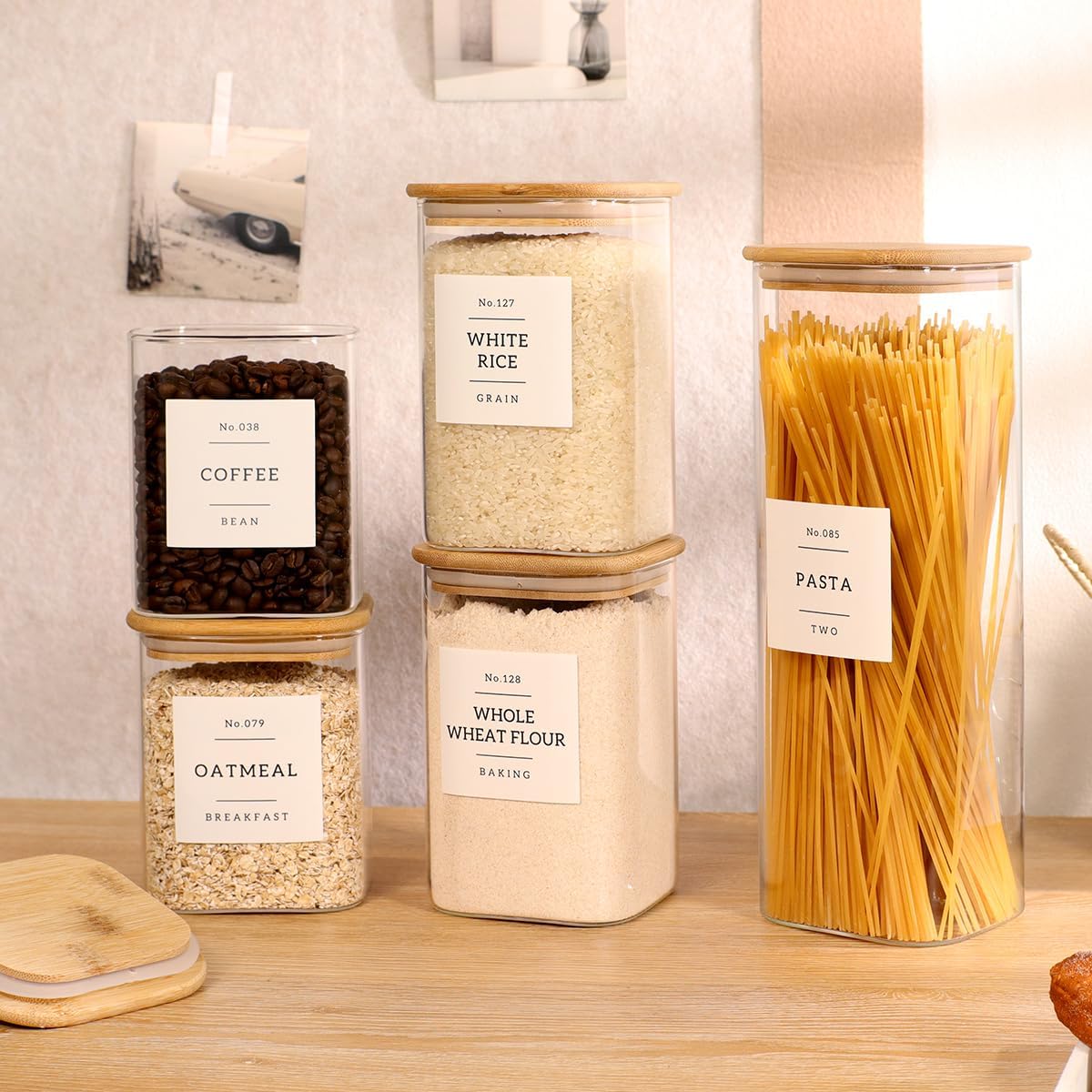 Square Glass Pantry Storage Containers by [Brand Name] - 5 Pack with Airtight Bamboo Lids & 132 Labels | Ideal for Pasta, Cereal, Coffee, Flour, Sugar