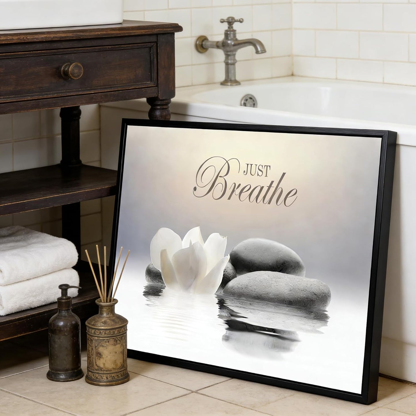 MKCIPJWC Zen Stone Wall Art - Just Breathe Yoga Quotes Canvas Print | White Lotus Flower 12x16 Inch