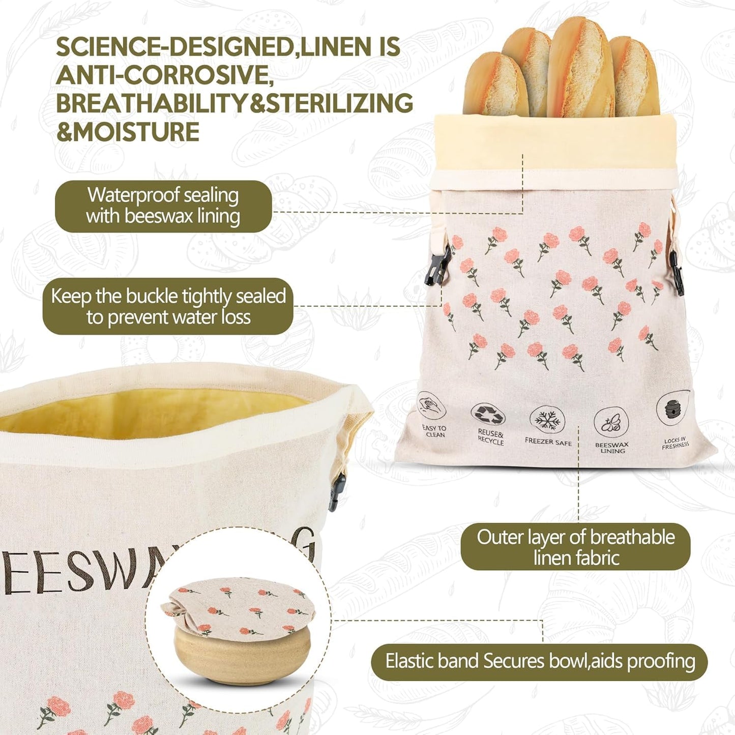 2 Pack Beeswax Bread Bag,17"×13"Reusable Organic Bread Bags for Homemade Bread Sourdough,Linen Outer Lining and Pure Cotton Beewax Inner Lining Moisture-proof &Fresh-Preserving With Buckle&Bowl Covers