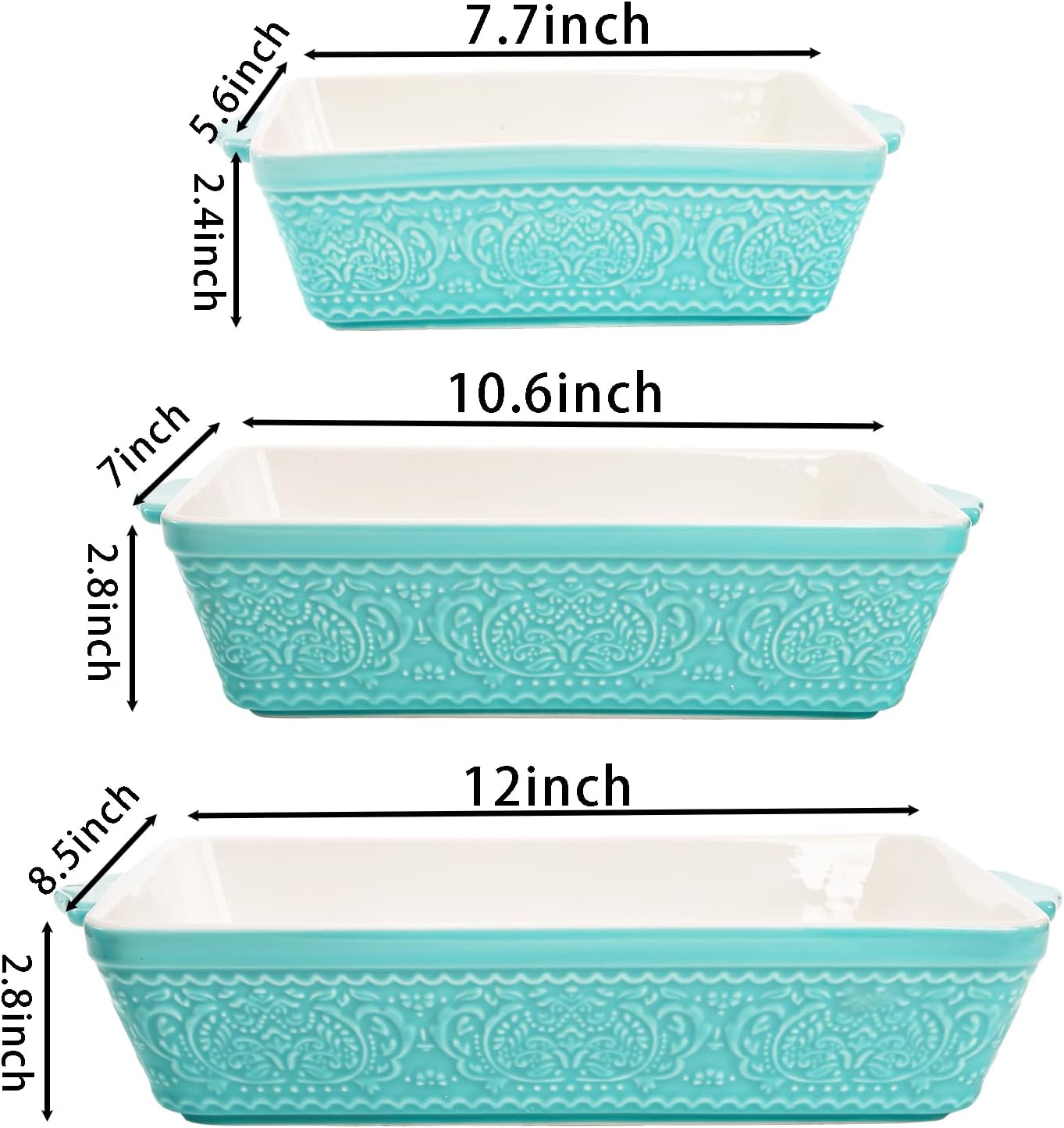 SOUJOY Ceramic Baking Dish Set - Non-Stick Rectangular Casserole Dishes with Sturdy Handles | Turquoise, Set of 3