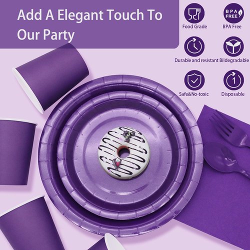 Gudvilla Purple Paper Plates Party Supplies,168pcs Purple Plates and Cups and Napkins Set for Mardi Gras Birthday Decorations Disposable Dinnerware Sets for Women Serve 24