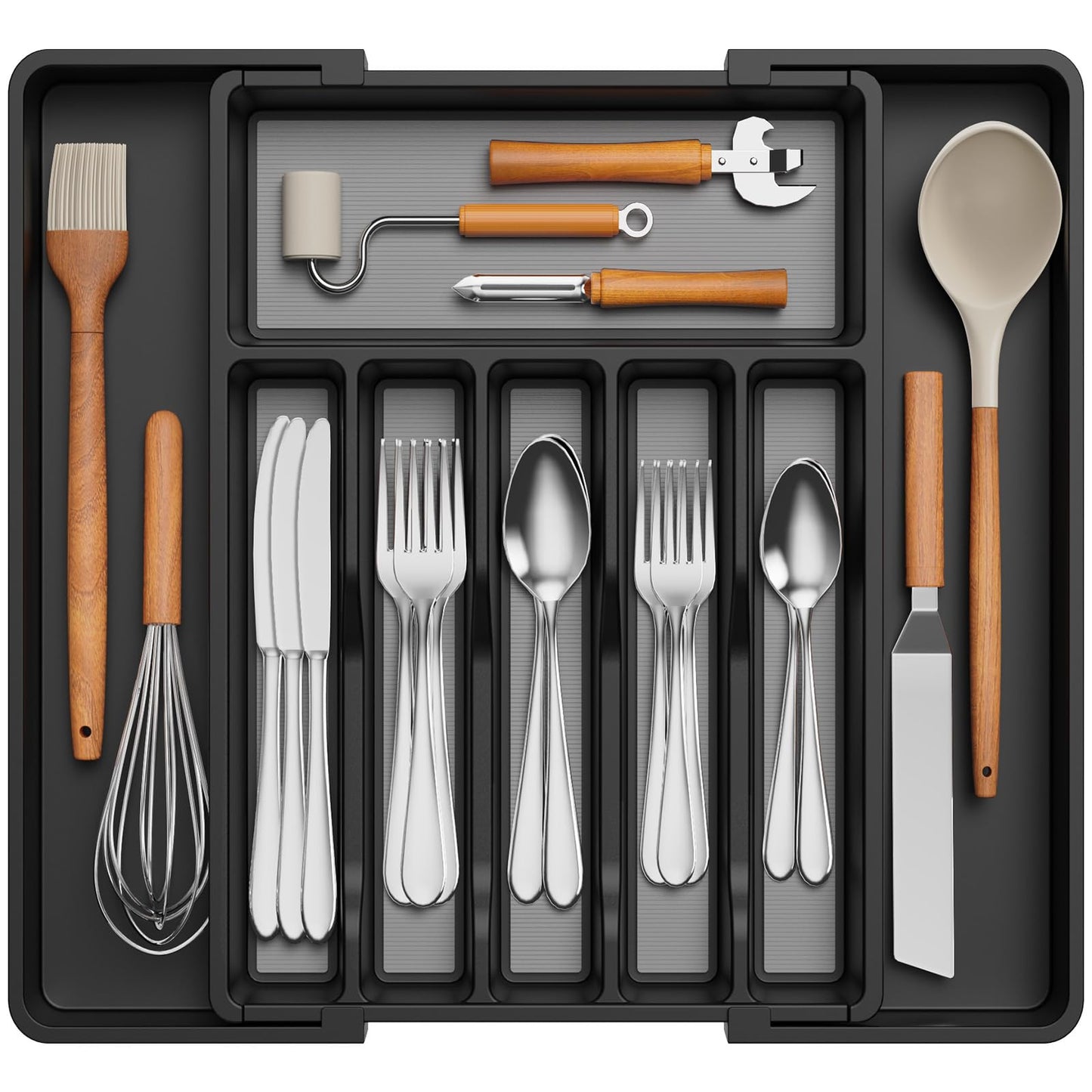 Lifewit Silverware Drawer Organizer, Expandable Utensil Tray for Kitchen, BPA Free Flatware and Cutlery Holder, Adjustable Plastic Storage for Spoons Forks Knives, 33 -57 x 42cm, Black and Gray