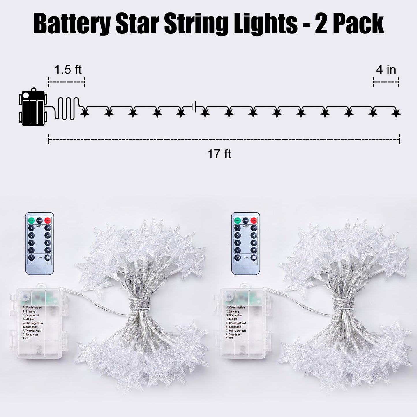 Brightown Star String Lights Battery Operated - 17 ft 50 LED Star Fairy String Lights with Remote and Timer, 8 Modes Waterproof for Bedroom Tent Loft Bed Patio Party Wedding Decor, White