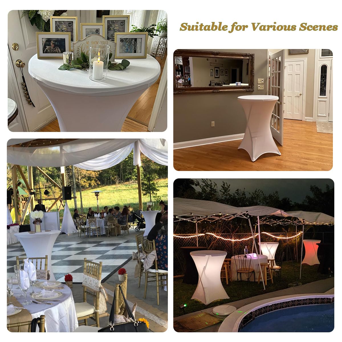Albassa 2 Pack Cocktail Table Covers 32"x43" Spandex Stretch Highboy Top Tablecloth Fitted Round Table Cloths for Bar Wedding Cocktail Party Banquet Tables (2, White, 32"x 43")