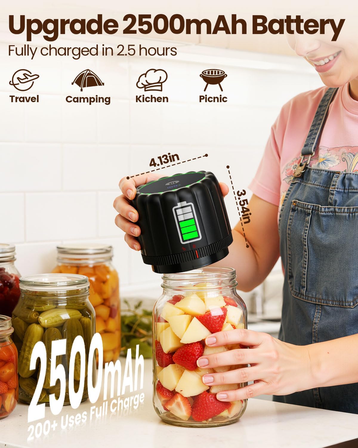 Upgraded Electric Mason Jar Vacuum Sealer Kit by [Brand Name] - Automatic One-Touch Food Storage with Wide & Regular Mouth Lids, 2500mAh Battery, Black