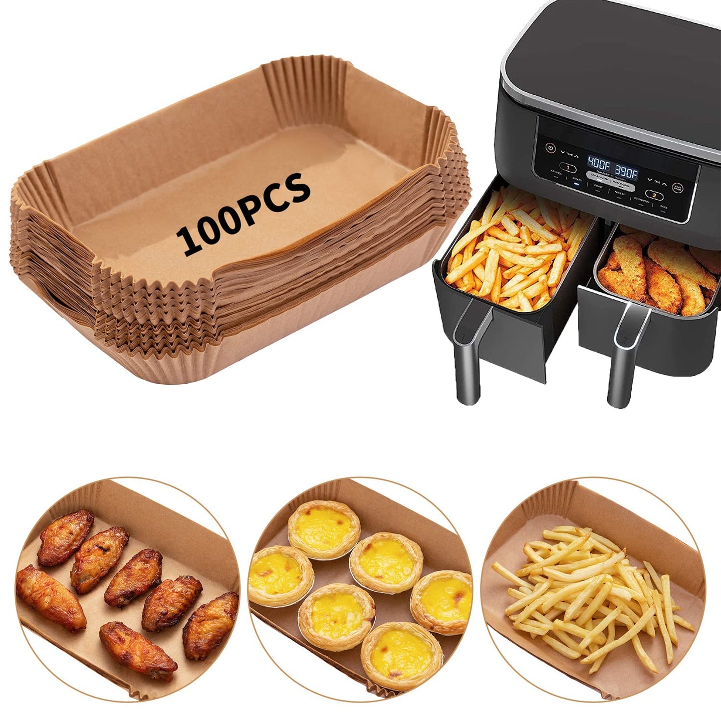 Ecfvtp Air Fryer Disposable Paper Liner, 100PCS Food Grade Parchment Liners for Ninja DZ201, Air Fryer Accessories Baking Paper (9 * 6,Thicken Natural)