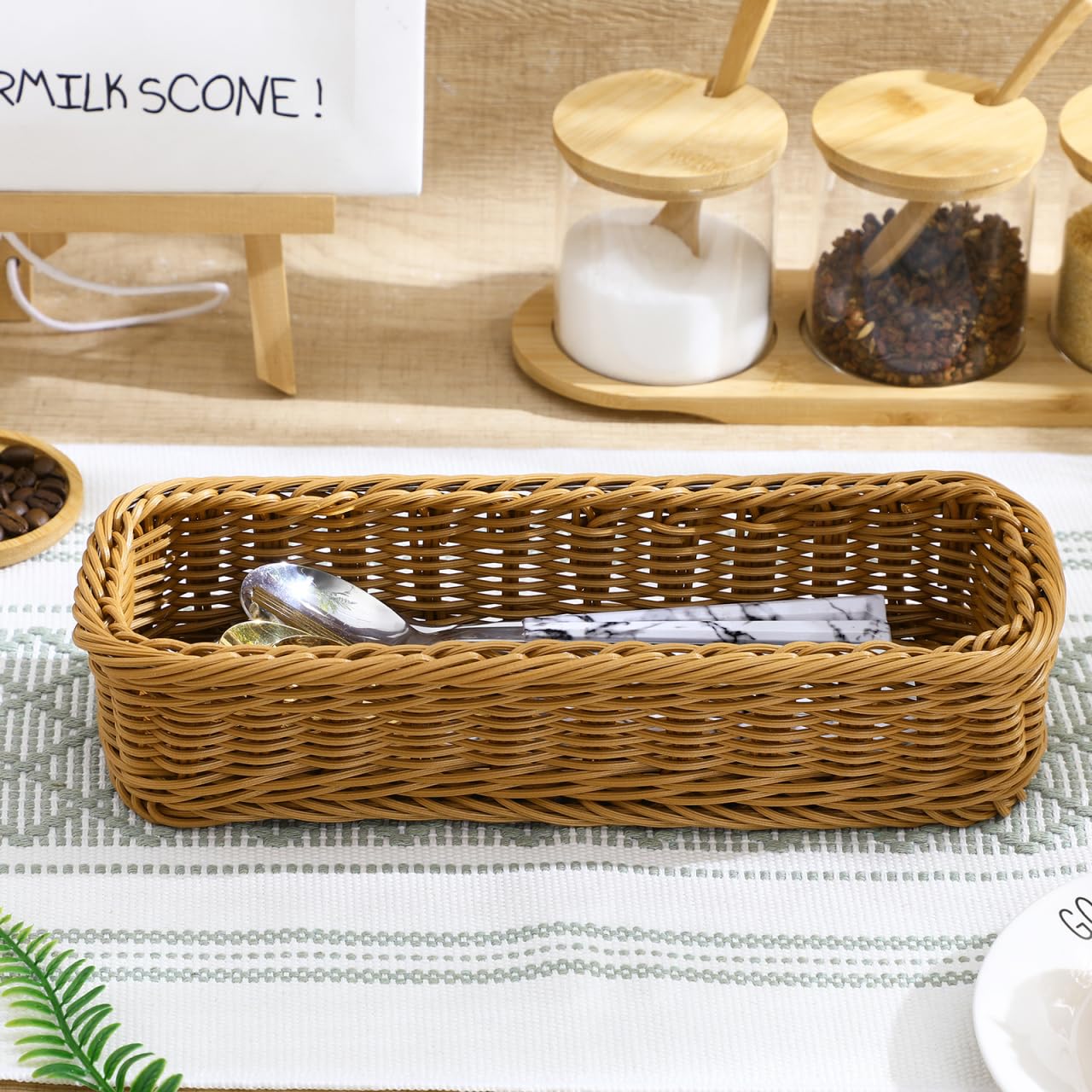 Cabilock 2pcs Wicker Cutlery Basket, Rectangular Woven Storage Bins for Kitchen Drawer, Rattan Utensil Organizer Tray, Flatware Silverware Holder for Dining Table Countertop