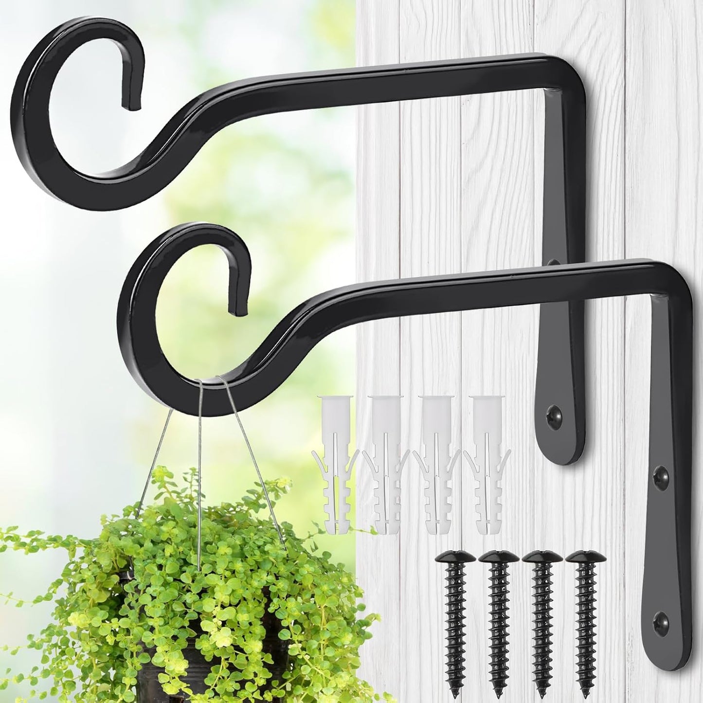 MOWPOG Plant Hangers - 6 Inch Metal Hanging Hooks for Indoor/Outdoor Use | 2 Pack in Black