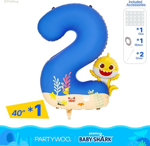 Baby Shark by PartyWoo - 40 Inch Blue Foil Number 2 Balloon | Mylar Helium Birthday Decoration for Kids