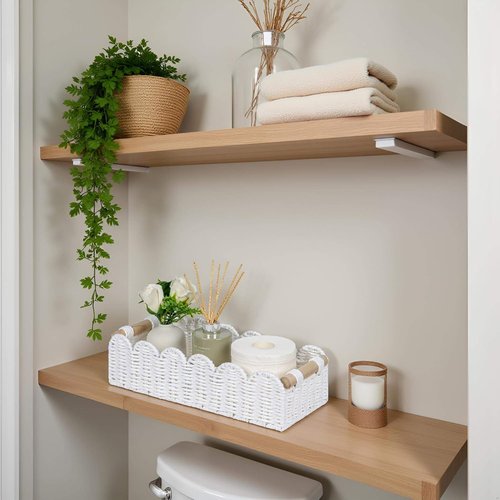 CubesLand Scalloped Edge Toilet Paper Storage Basket - Cozy Home Decor with 2 Wooden Handles | White