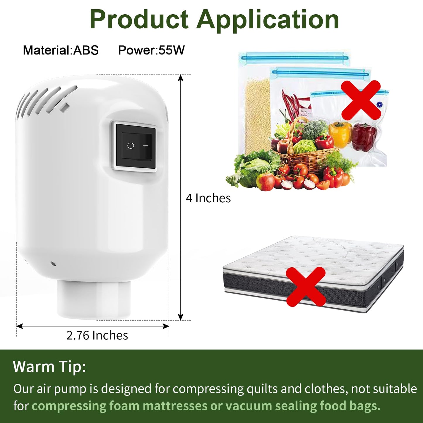 Electric Air Pump for Vacuum Storage Bags 55W Vacuum Seal Pump for Compressing Clothing Portable Vacuum Pump with Various Clothing/Quilts/Blankets