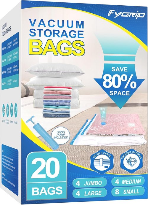 Fygrip Vacuum Storage Bags - Space-Saving Seal Bags with Hand Pump for Clothing & Blankets | 20 Combo Set