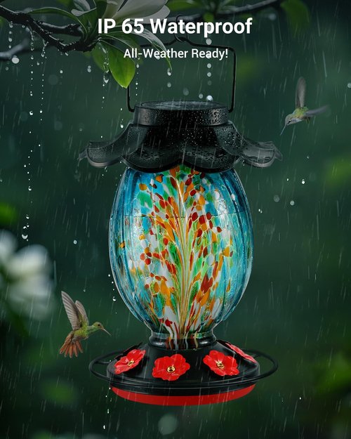 HouseSapp Solar Hummingbird Feeder - 49 Fl. Oz Color Changing Glass - 7 Feeding Ports with Perch - Ideal for Outdoor Use (Blue)