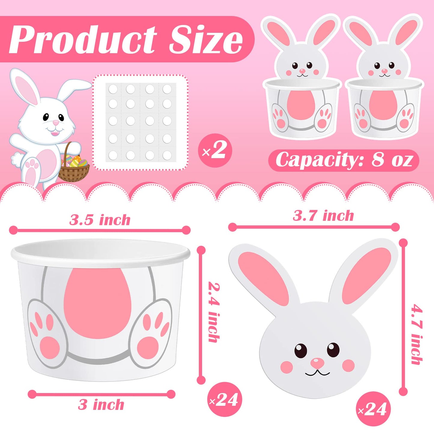 Suclain 24 Pack Easter Bunny Snack Cups 8 oz Easter Party Paper Treat Bowls Disposable Bunny Dessert Cups Small Holiday Kids Party Cups for Party Favors Decorations Supplies