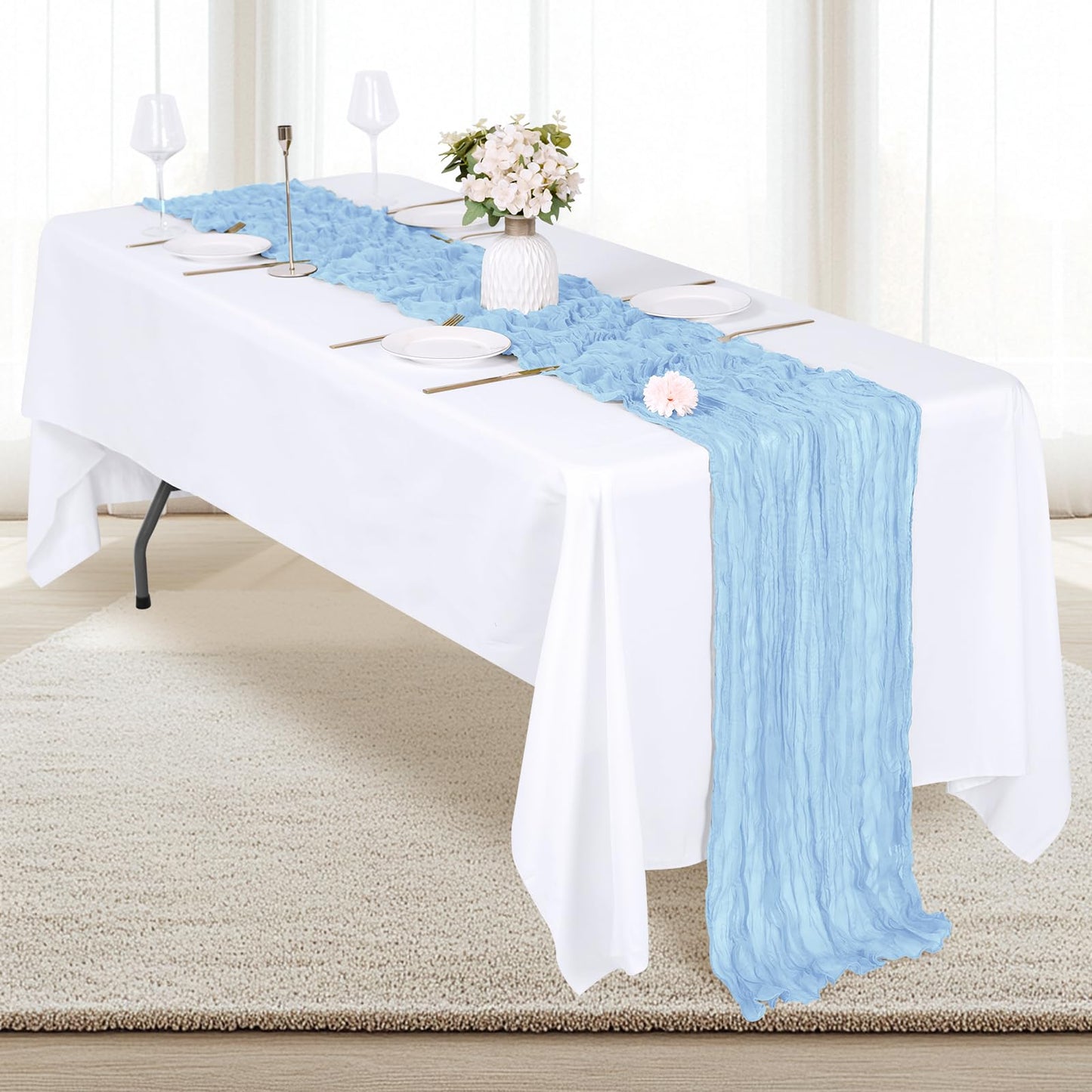 RealBox 12 Pack Baby Blue Cheesecloth Table Runner 17x108 Inch Semi Sheer Boho Gauze Cheese Cloth Fabric Table Runners, for Wedding Party Baby Shower Birthday Home Decor Garden Farmhouse