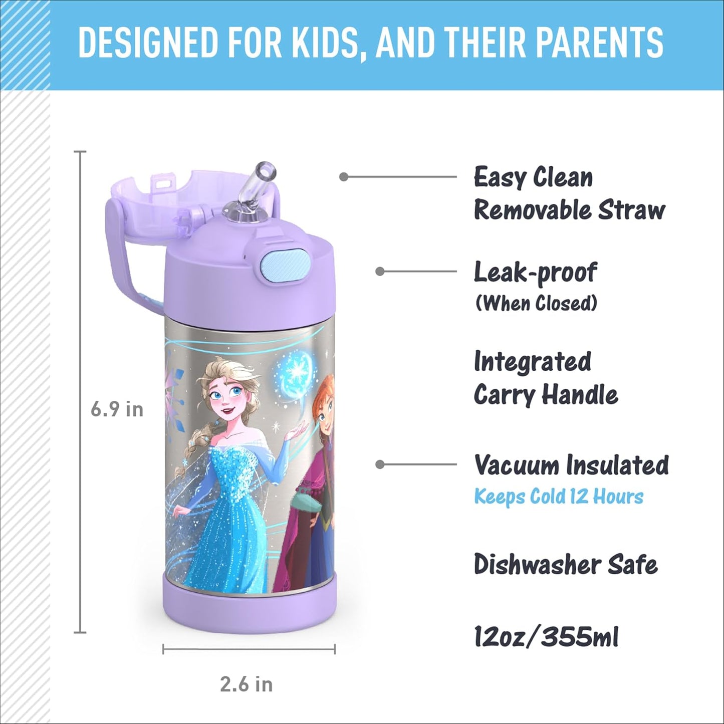 THERMOS FUNTAINER Water Bottle - 12 Ounce Kids Stainless Steel Vacuum Insulated with Straw | Frozen 2 Design