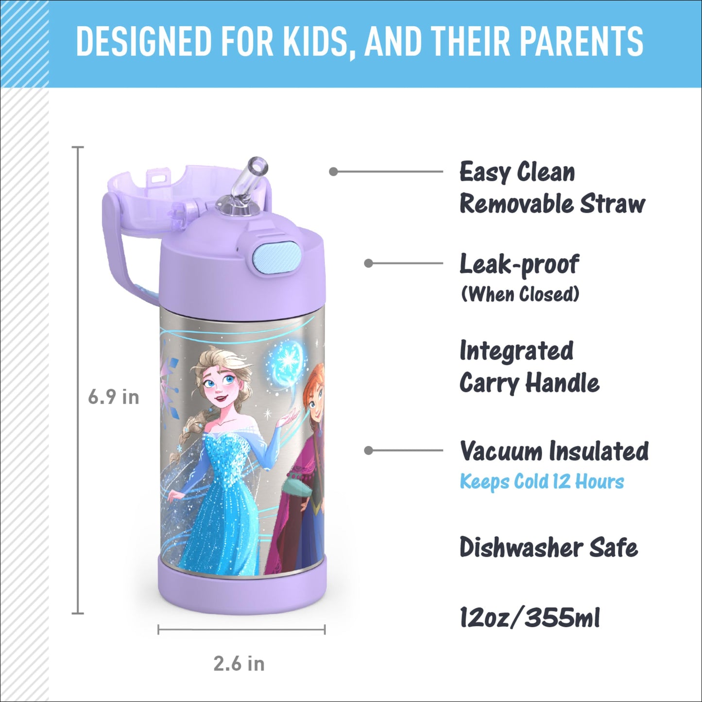 THERMOS FUNTAINER Water Bottle with Straw - 12 Ounce - Kids Stainless Steel Vacuum Insulated Water Bottle with Lid, Frozen 2