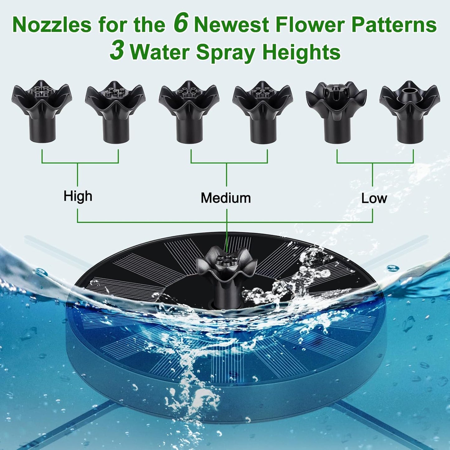 SEIRMEP Solar Fountain Pump - Adjustable Spray Height & 6 Nozzles | Ideal for Bird Baths, Gardens, Pools, Ponds