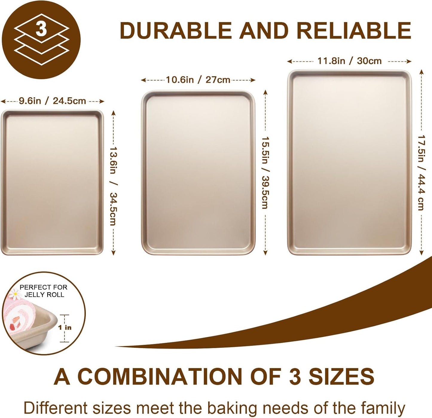 Skiennix Baking Sheet Pan Set - Nonstick Heavy Duty Cookie Sheets | 3-Piece Champagne Gold Set