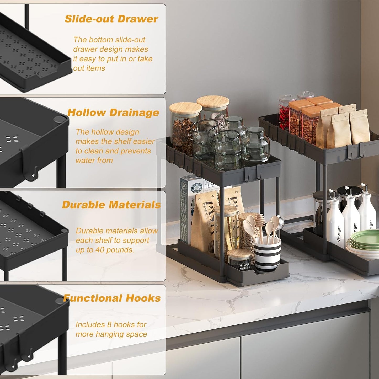 Under Sink Organizer - 2 Pack Bathroom Storage with Pull-Out Sliding Drawers | 12.8 Inch, Black
